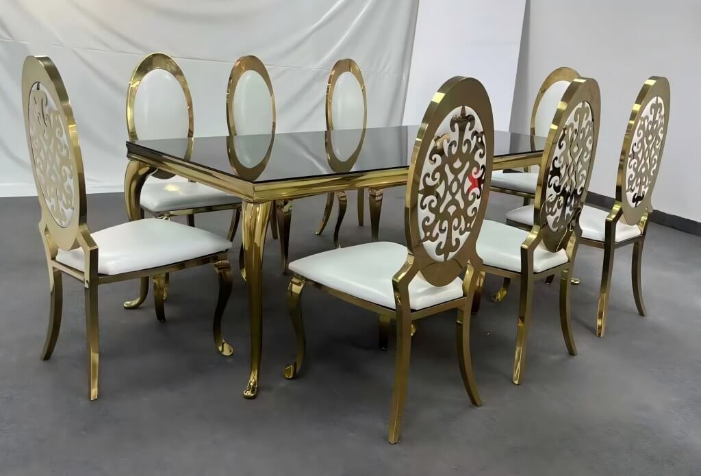 wholesale gold stainless steel dining table and dining chairs for dining room