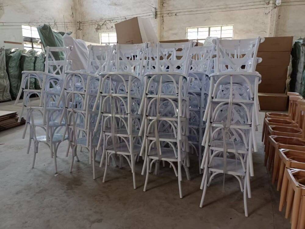 wholesale stackable white Metal Cross Back Chairs for events